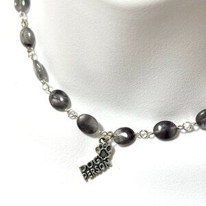 Genuine Grey Tourmalinated Quartz Short Necklace,Gemstone & Dog Person Paw Print